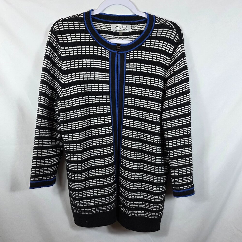 Kasper Cardigan Sweater Women's Size Medium Black & White Stripes Blue Accent
